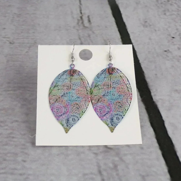 Beautiful Skeleton Leaf Dangle  Multi-Colored Earrings - Picture 1 of 4